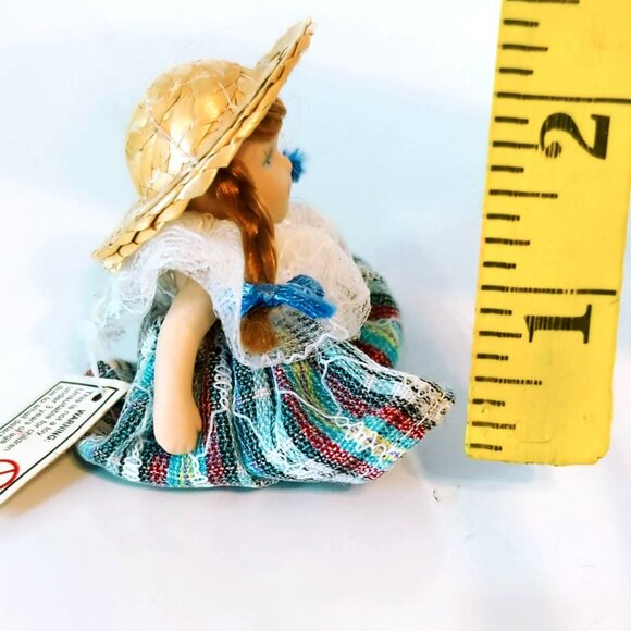 Vintage Ganz Miniature Porcelain Doll Sitting with Braids Straw Hat Plaid Dress - Picture 5 of 5